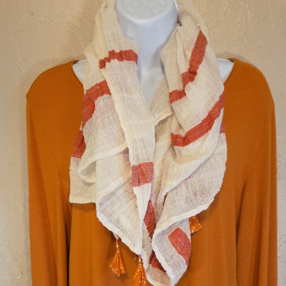 Pure Jill Lightweight Cream & Rust Stripe Scarf with Tassels